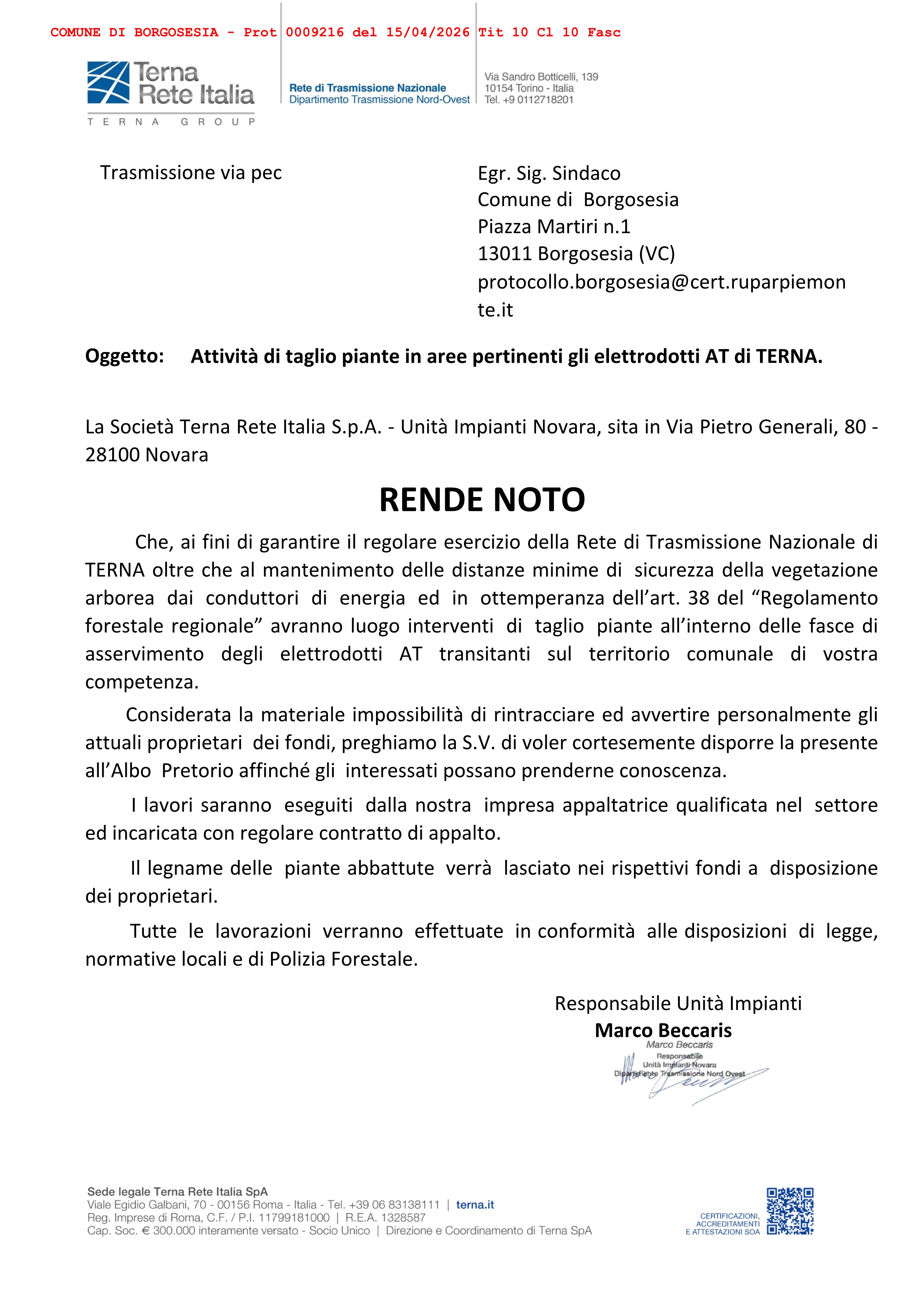 Attività di taglio piante in aree pertinenti gli elettrodotti AT di TERNA